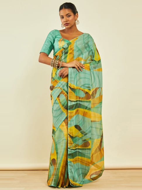 Green Handbrush Chiffon Saree