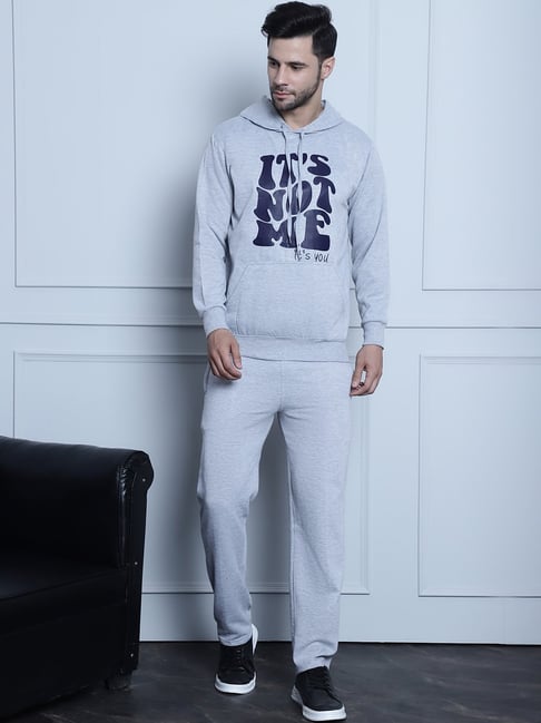 Vimal Jonney Grey Melange Regular Fit Printed Hooded Sweatshirt & Trackpants Set-picture-19