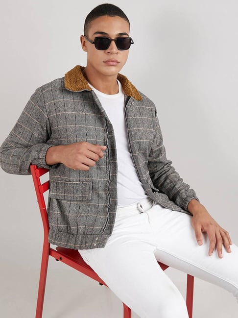 Campus Sutra Grey Cotton Regular Fit Checks Jacket