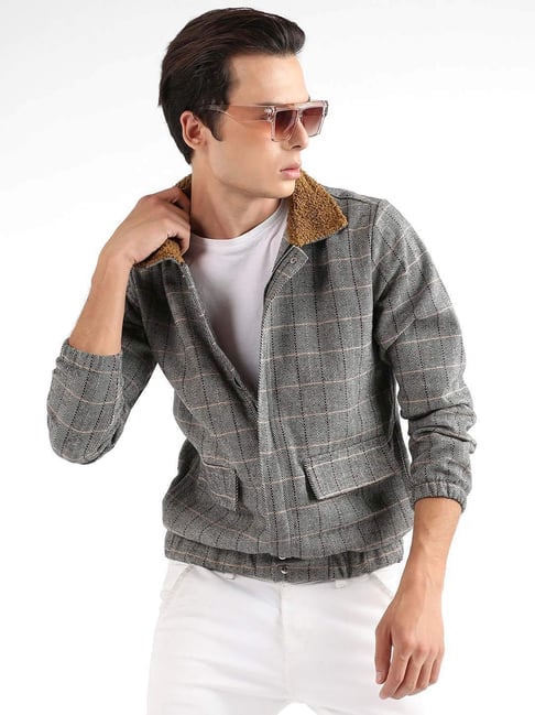 Campus Sutra Mid Grey Cotton Regular Fit Checks Jacket-picture-20