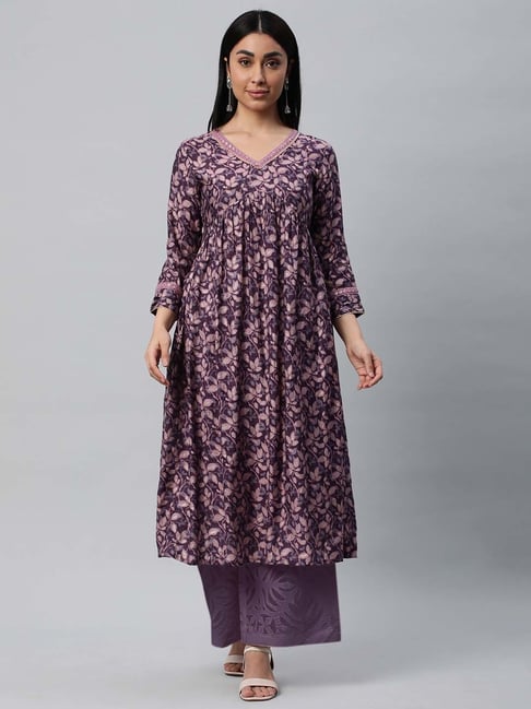 Kami Kubi Purple Floral Print A Line Kurta-picture-31