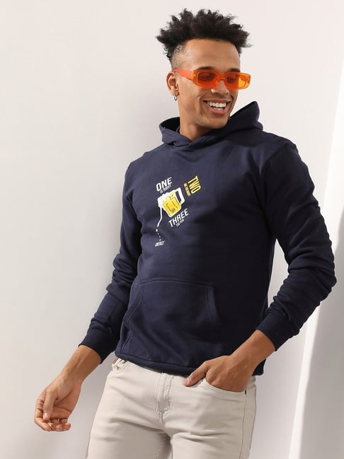 Campus Sutra Navy Cotton Regular Fit Printed Hooded Sweatshirt
