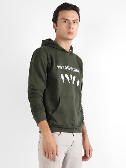 Campus Sutra Green Cotton Regular Fit Printed Hooded Sweatshirt