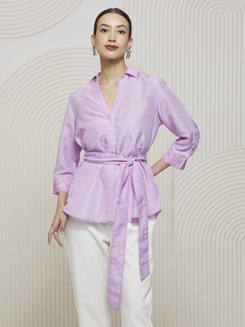 Artagai Lavender Kantha Wrap Shirt with Tie Up and Kantha Detail At Cuff and Belt