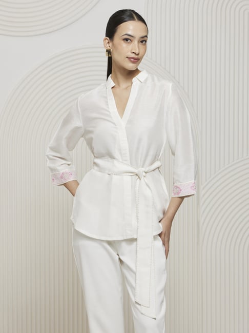 Artagai Off White Kantha Wrap Shirt with Tie Up and Kantha Detail At Cuff and Belt