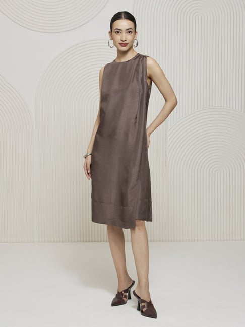 Artagai Granite Grey Elevated Basics Knee Length Dress with Pleat Detail At  Shoulder