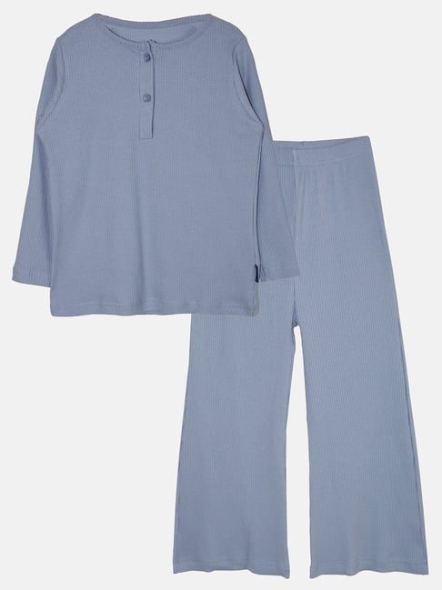 Kiddopanti Kids Blue Solid Full Sleeves T-Shirt with Pyjamas