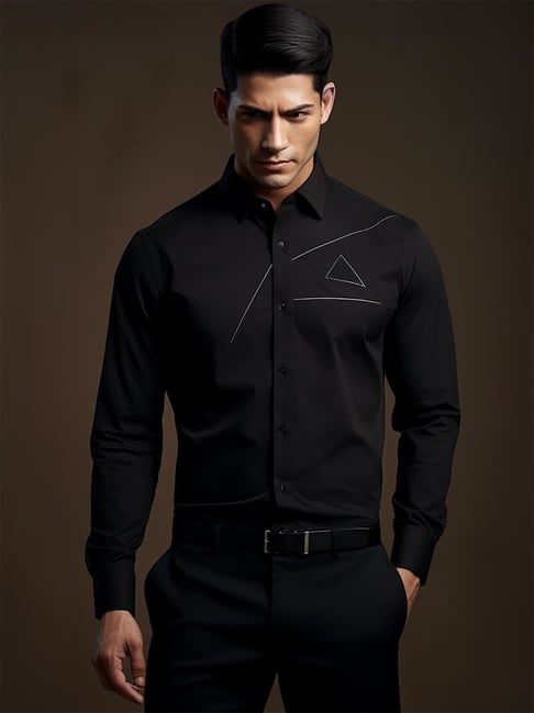 HE SPOKE Black Tailored Fit Embroidered Shirt-picture-12