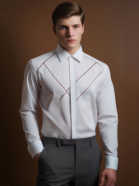 HE SPOKE White Tailored Fit Embroidered Shirt-picture-11