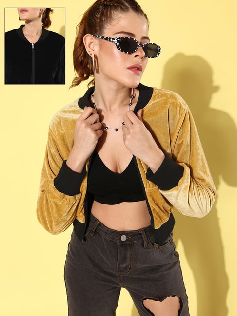 Anvi Be Yourself Yellow & Black Regular Fit Reversible Cropped Jacket-picture-40