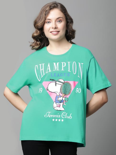 Buy Free Authority Green Cotton Graphic Print T-Shirt for Women