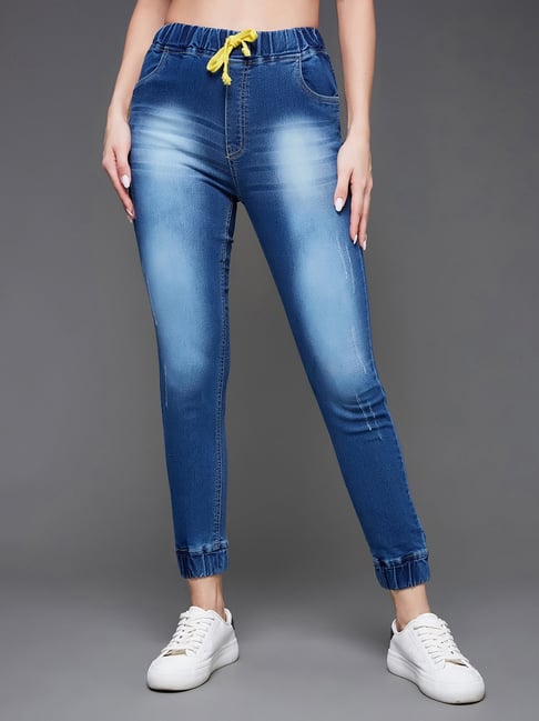 Miss Chase Dark Blue Denim Relaxed Fit Mid Rise Joggers