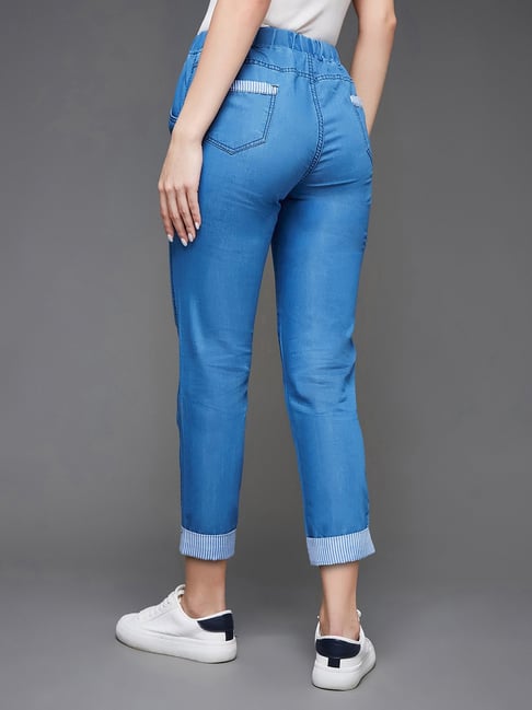 Women's Blue Solid Joggers Jeans - MISS CHASE
