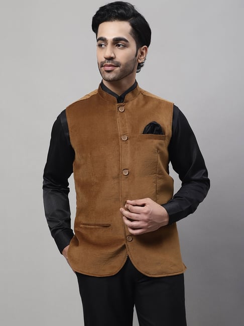 Taupe Brown Linen Relaxed Nehru Suit Jacket - Heron's Ghyll