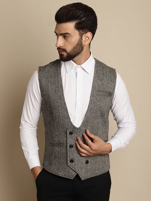 Buy Even Grey Regular Fit Herringbone V Neck Waistcoat for Men's