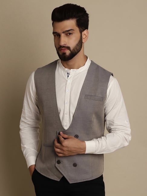 Even Grey Regular Fit Printed V Neck Waistcoat