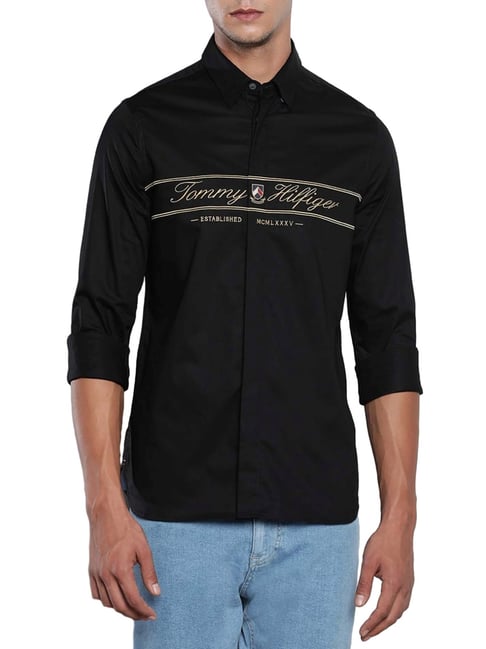 Tommy Hilfiger Black Cotton Slim Fit Printed Shirt