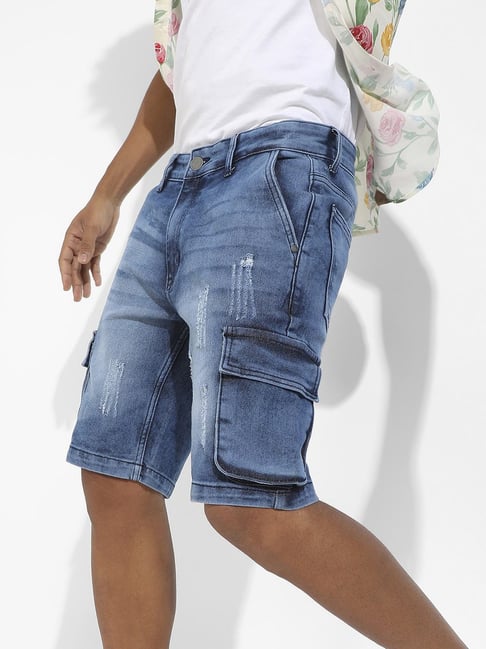 Campus Sutra Blue Regular Fit Distressed Denim Shorts