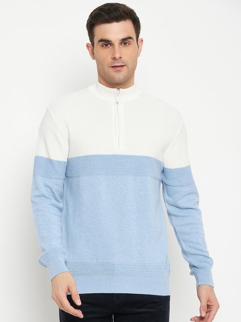 Cantabil Sky Blue White Regular Fit Colour Block Sweater