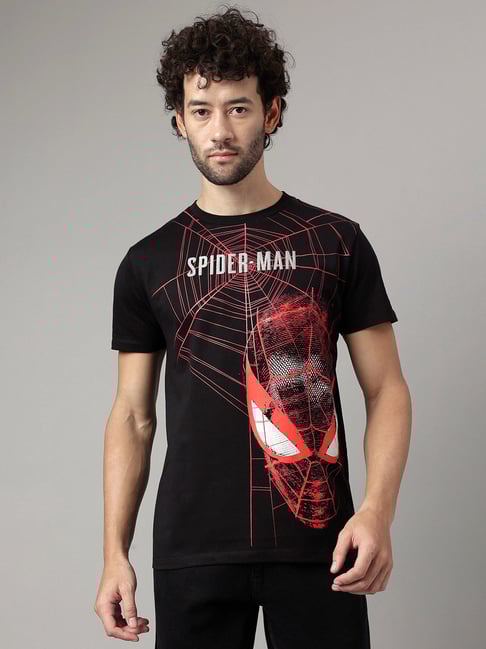 Free Authority Black Regular Fit Spiderman Print Crew T-Shirt