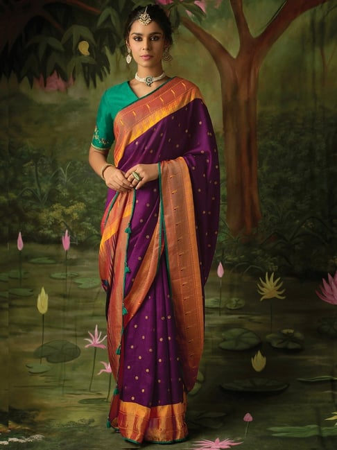 Purple Pure Silk Saree With Golden Border And Green Colored Blouse | Cash  On Delivery Available, Throughout India