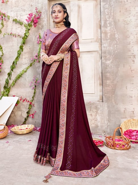 Embroidery Burgundy colour Designer Saree | Saree designs, Saree, Fancy  sarees