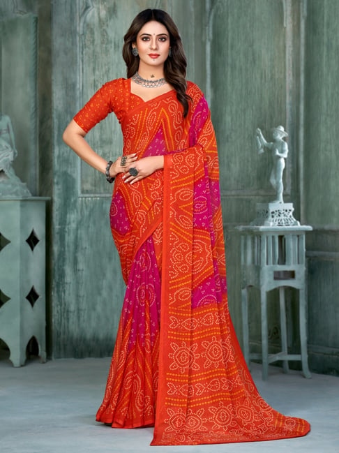 Digital Printed Chiffon Saree in Pink and Orange : SSF23848