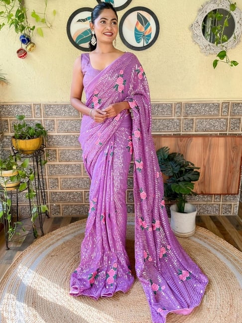 Buy Akhilam Womens Georgette Lavender Solid Celebrity Saree with Unstitched  Blouse online