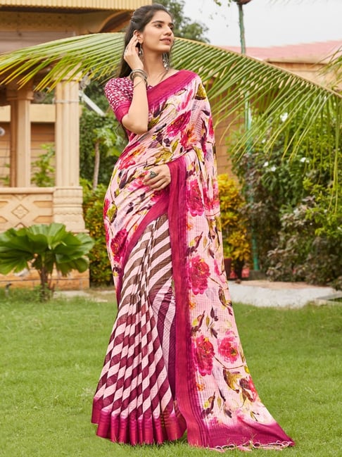 White Ruffle Saree in Georgette with Floral Print and Embroi