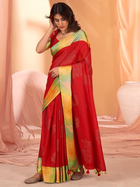 Saree Mall Red Silk Embellished Saree With Unstitched Blouse