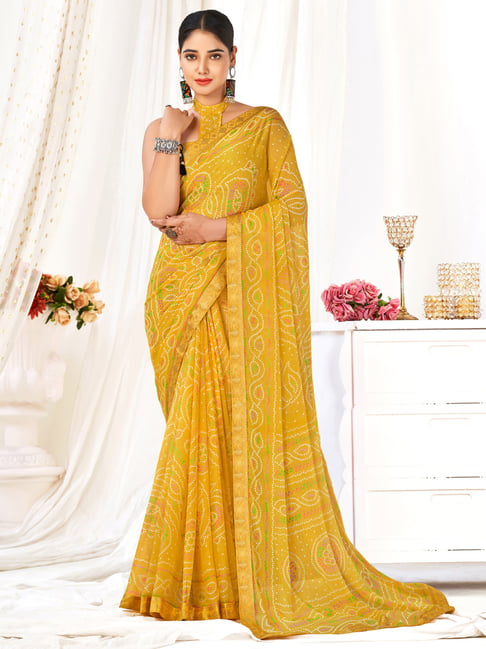 Yellow Bandhej Print Saree in Satin with Lace - PSAEF2042 from...