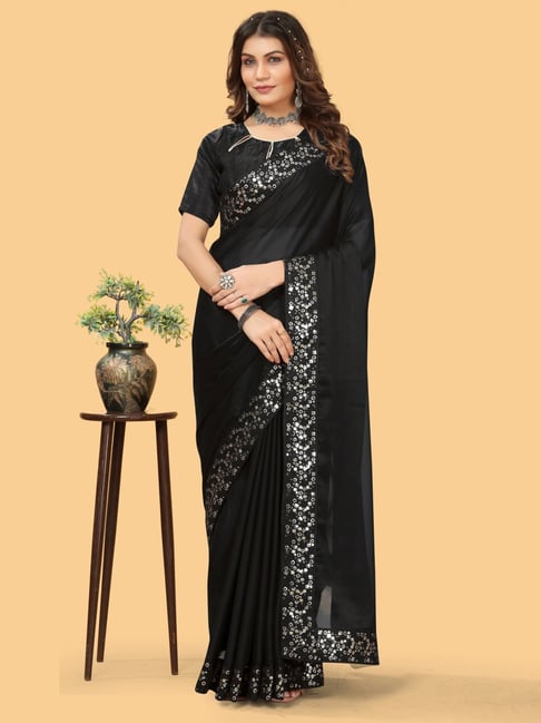 Satrani Black Printed Saree With Unstitched Blouse