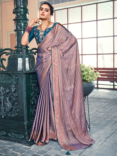 Buy KALKI FASHION Blue Organza Striped Saree with Mirror Work with  Unstitched Blouse online