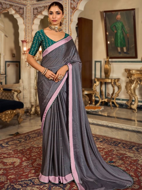 Buy Embroidered Satin Silk Designer Grey Saree Online – Sunasa
