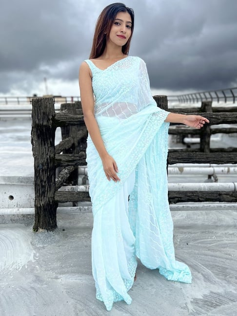 Pre Drape Light Blue Saree Set - Suruchi Parakh - East Boutique