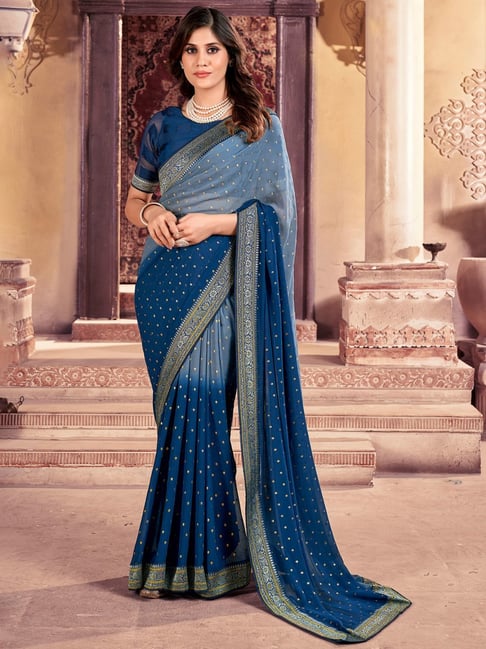 Teal Blue Tissue Saree With Blouse – Deep Thee