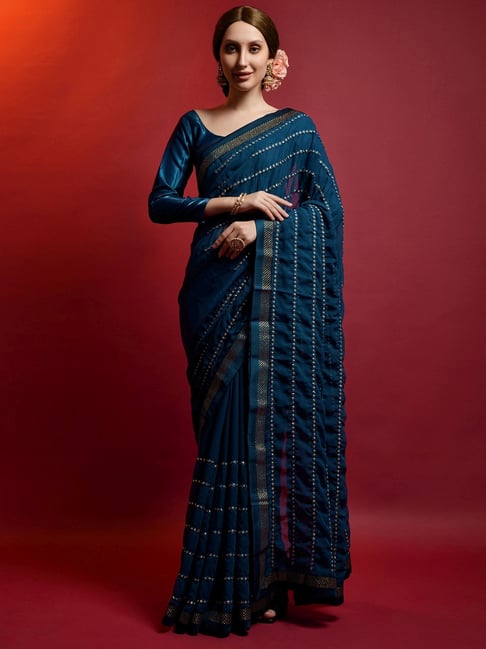 Women's Black And Blue Georgette Sequence Saree With Blouse - Odette –  Trendia