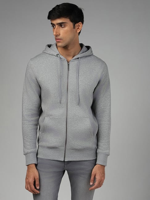 WES Casuals by Westside Grey Melange Hoodie Relaxed Fit Jacket