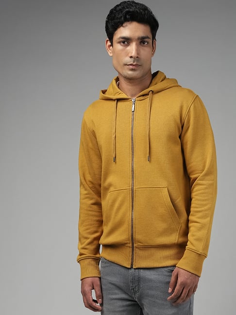 WES Casuals by Westside Solid Mustard Zipper Hooded Relaxed