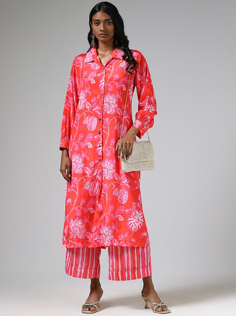 pure cotton fresh pink printed straight-cut stand collar kurta, paired with  stripe pants and a