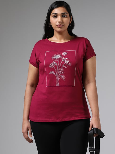 Gia by Westside Maroon Floral Printed Embellished T-Shirt