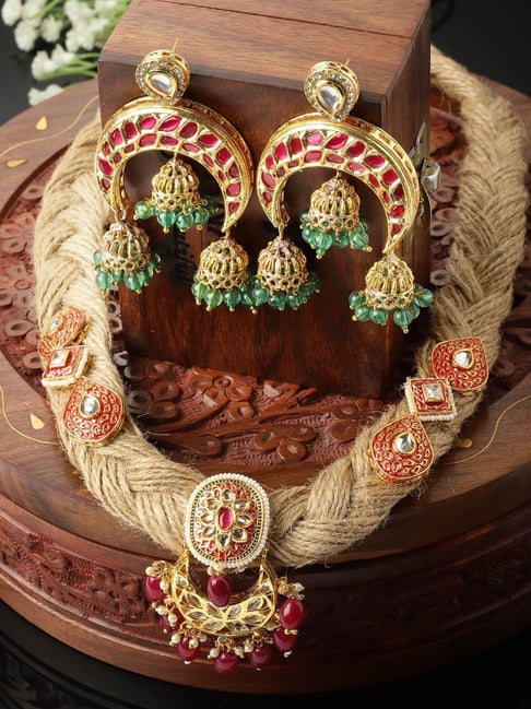 Buy Pink & Green Necklace with Earring Jewellery Set with Kundan & Pearls  by DUGRAN BY DUGRISTYLE at Ogaan Market Online Shopping Site