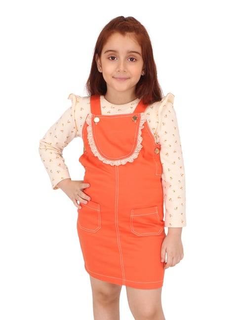 Cutecumber Kids Peach Orange Floral Print Full Sleeves Dress with Inner