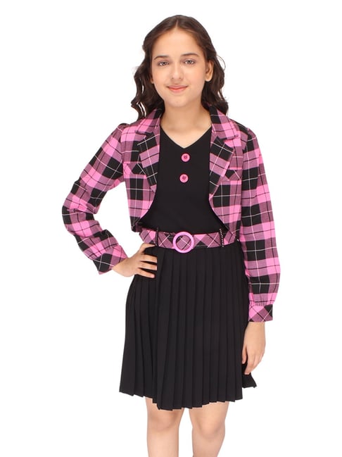 Cutecumber Kids Black Pink Checks Full Sleeves Dress with Shrug