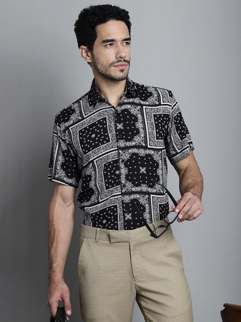 Jainish Black Regular Fit Paisley Print Shirt-picture-18