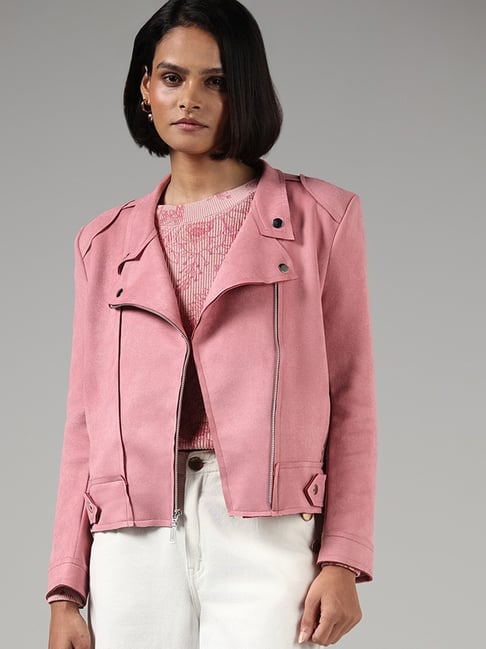 Pink Cropped Jacket | Women Biker Cropped Jacket