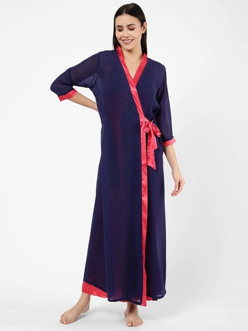 Sweet Dreams Pink & Navy Plain Nighty with Robe-picture-29