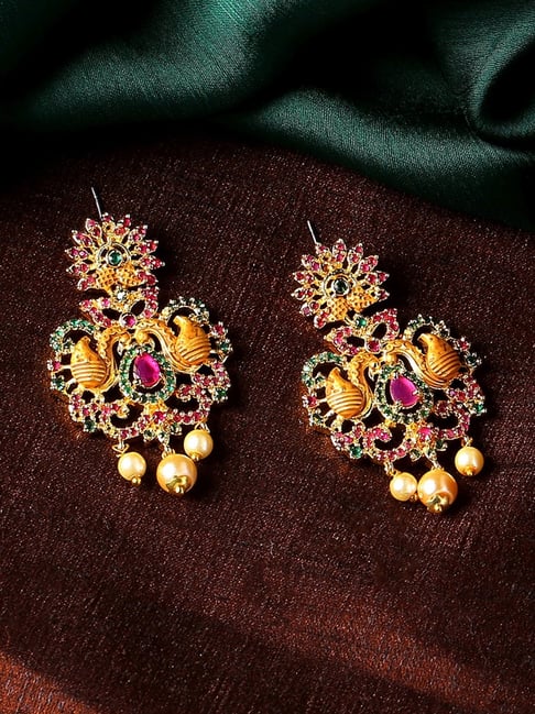 Estele Gold-Plated CZ Beautiful Peacock Design Pearls Dangler Earrings-picture-12