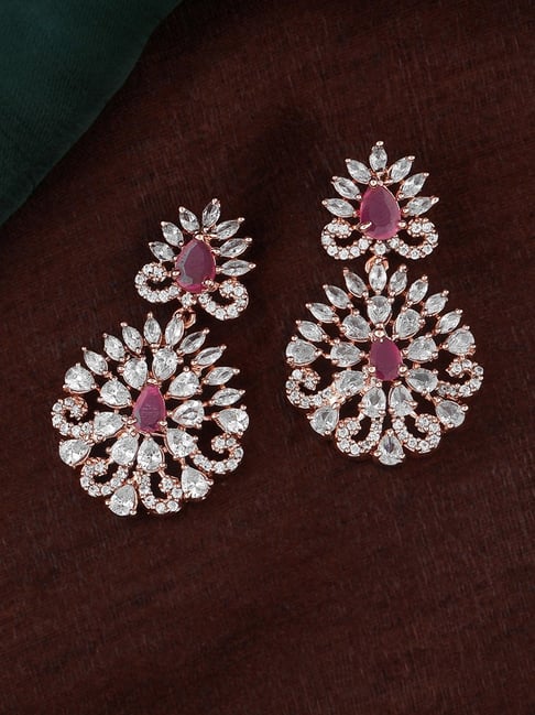 Estele Rose Gold-Plated CZ Elegant Flower Design Crystals Dangler Earrings-picture-18