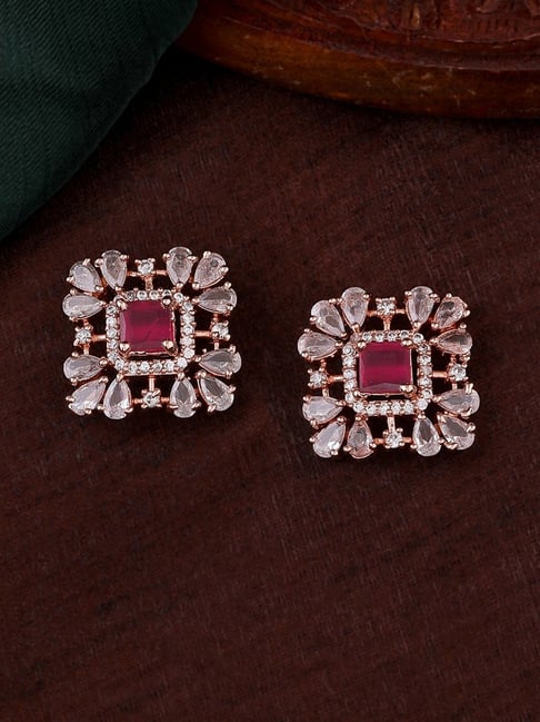 Estele Rose Gold-Plated CZ Sparkling Square Design Stud Earrings-picture-40